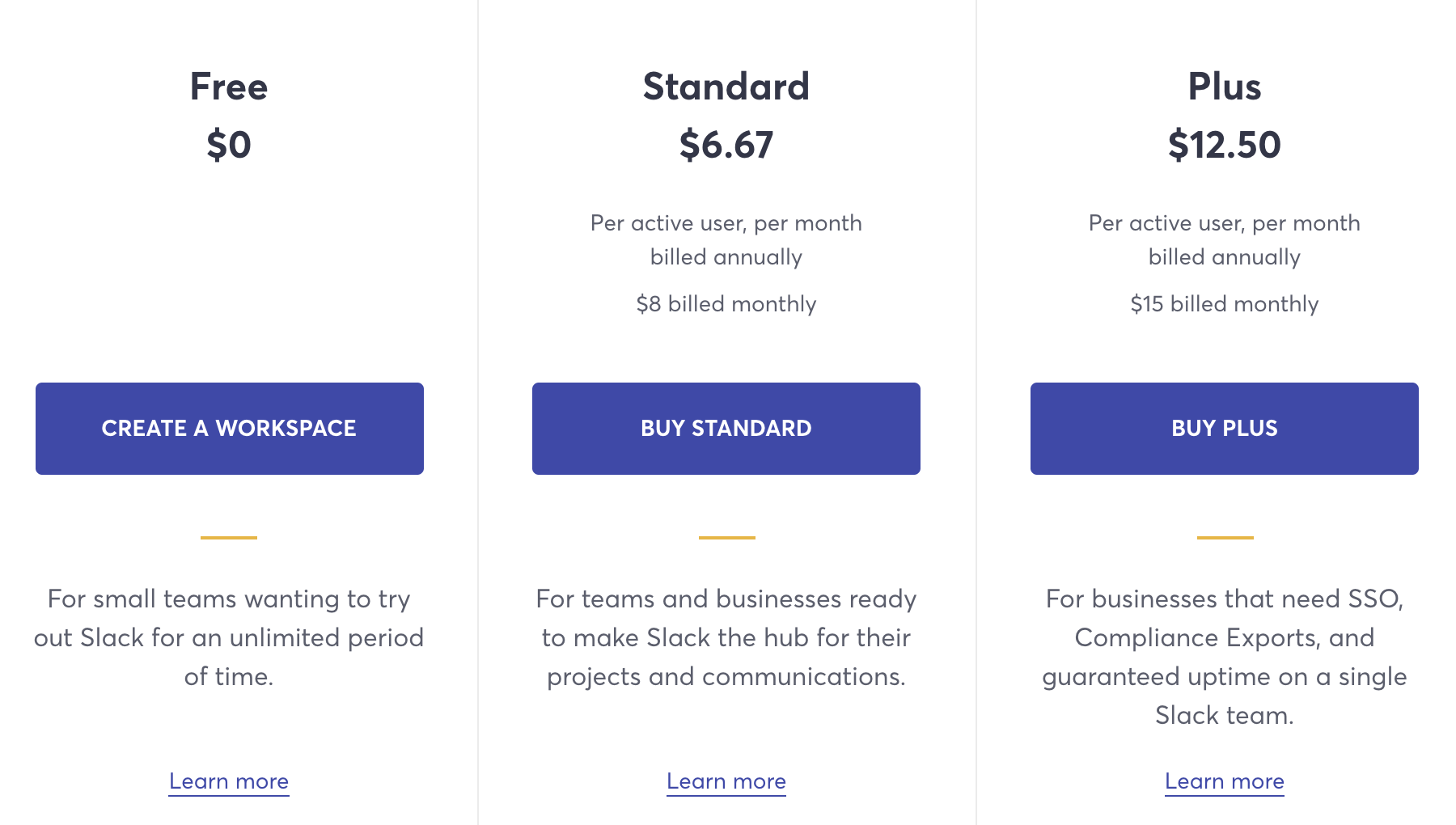 Slack pricing page